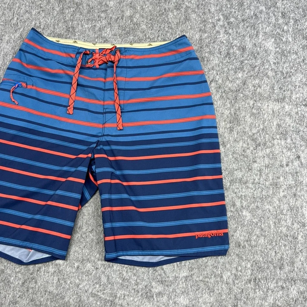 Patagonia Board Shorts Mens 30 Blue Stripe Drawstring Swim Trunks Quick Dry Surf